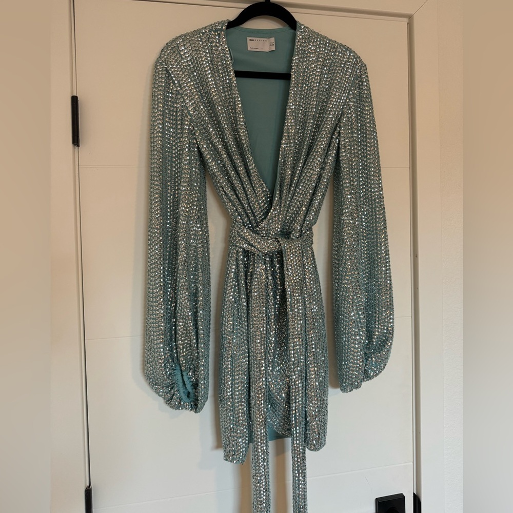 Light Blue Sequined Wrap Dress with Bell Sleeves - Size 0